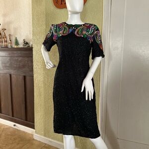 Chic Black Maxi Dress with Vibrant Embellishments pure silk  vintage